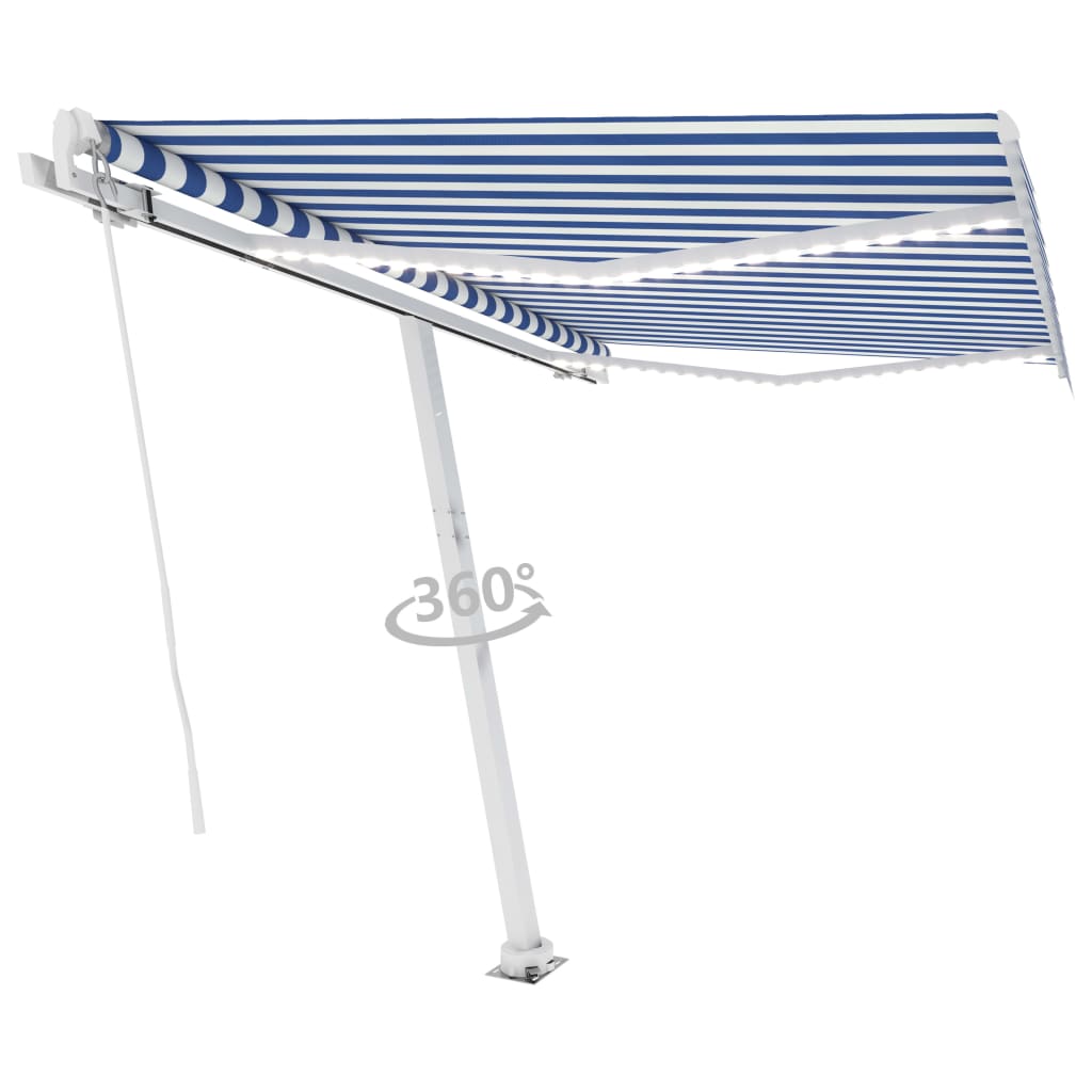 

vidaXL Luifel handmatig uittrekbaar met LED 350x250 cm blauw en wit