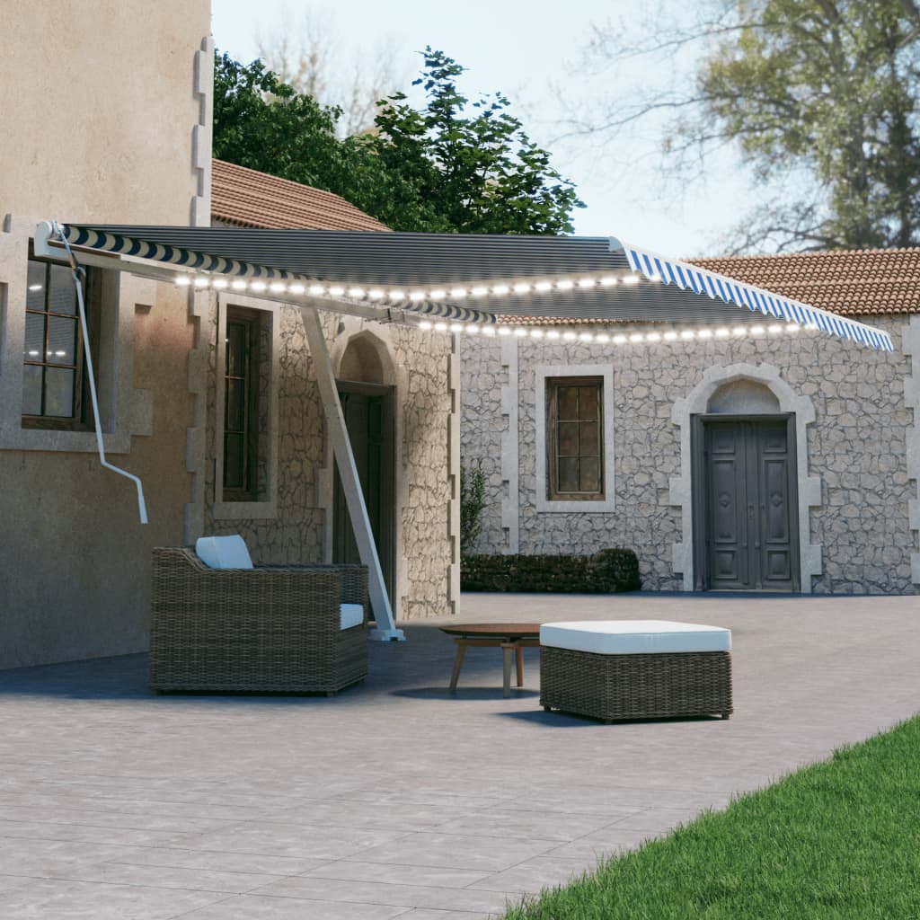 vidaXL Copertină retractabilă manual cu LED albastru și alb 600x300 cm