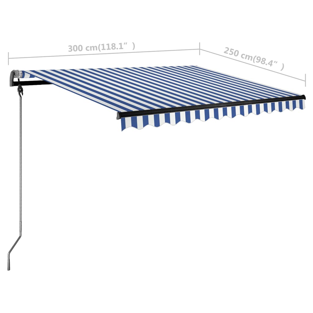 kék-fehér kézzel kihúzható póznás napellenző 300 x 250 cm