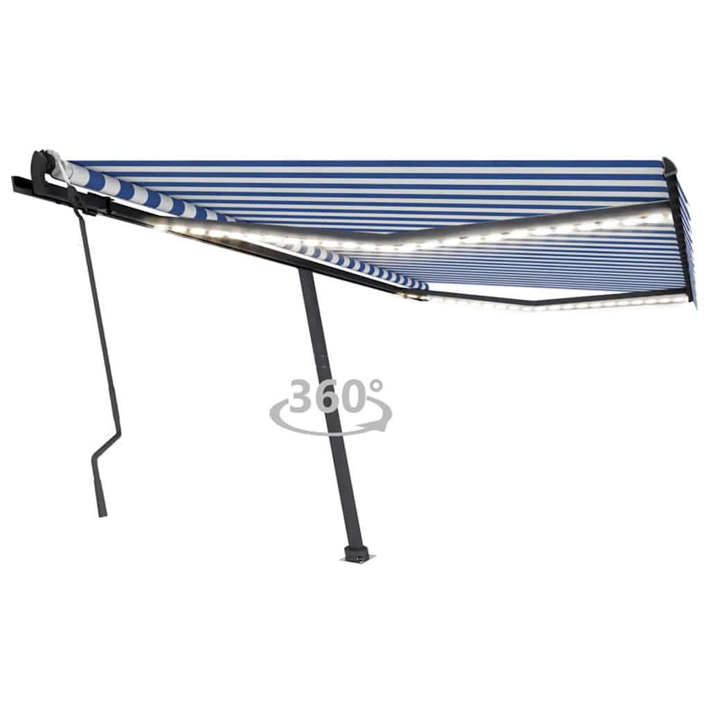 vidaXL Ručně zatahovací markýza s LED světlem 450 x 300 cm modrobílá