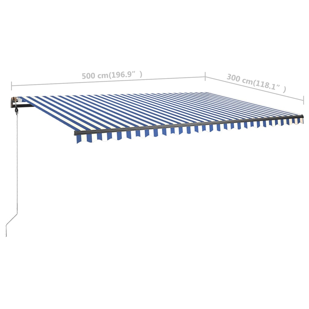 Copertină retractabilă manual cu LED, albastru&alb, 500x300 cm