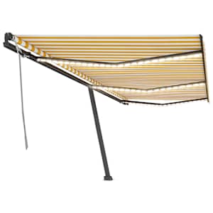 vidaXL Ръчно прибиращ се сенник с LED, 600x350 см, жълто и бяло