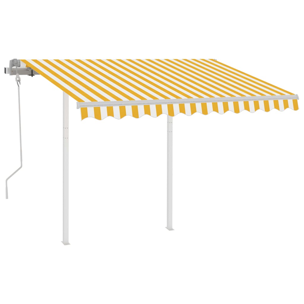 vidaXL Copertină retractabilă manual cu stâlpi, galben/alb, 3x2,5 m