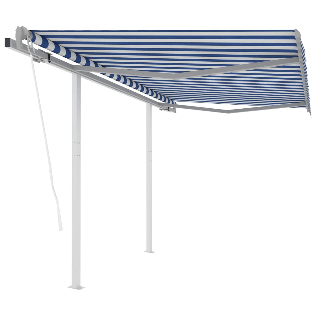 vidaXL Copertină retractabilă automat cu stâlpi, albastru/alb, 3x2,5 m