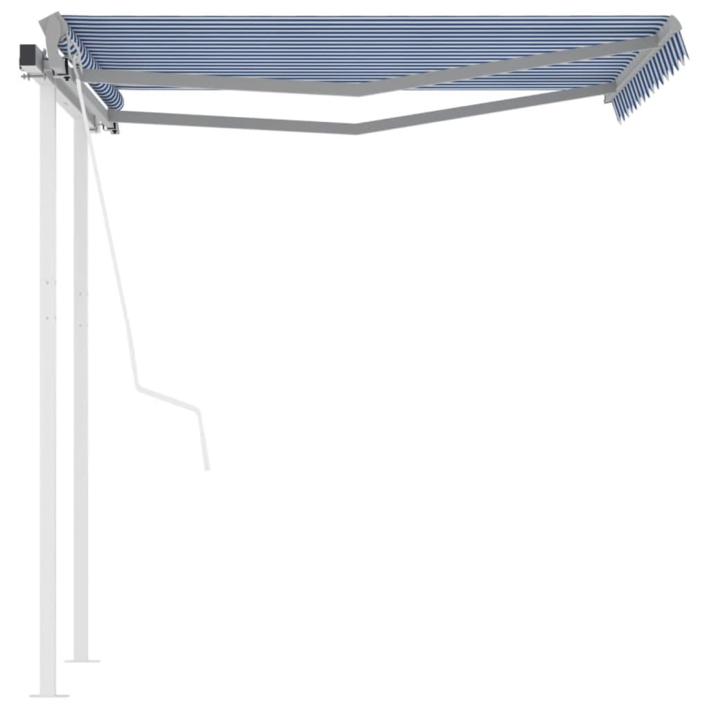 Copertină retractabilă automat cu stâlpi albastru/alb 3,5×2,5 m