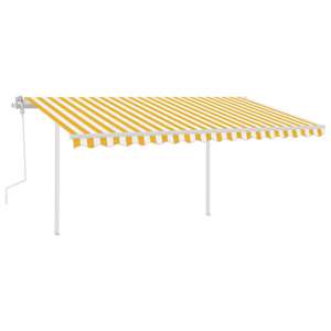vidaXL Copertină retractabilă manual, cu st&acirc;lpi, galben și alb, 4x3 m