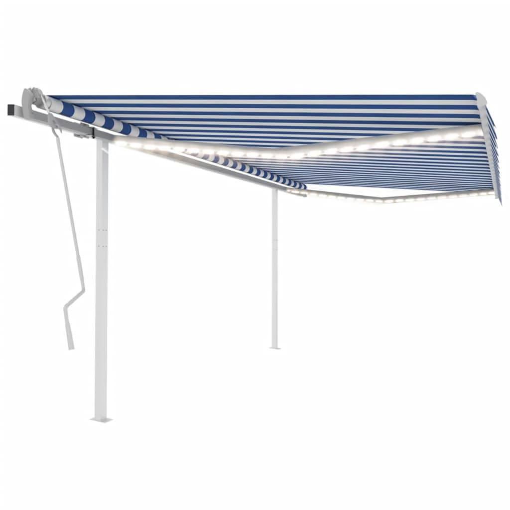 vidaXL Copertină retractabilă manual, cu LED, albastru și alb 4,5x3 m