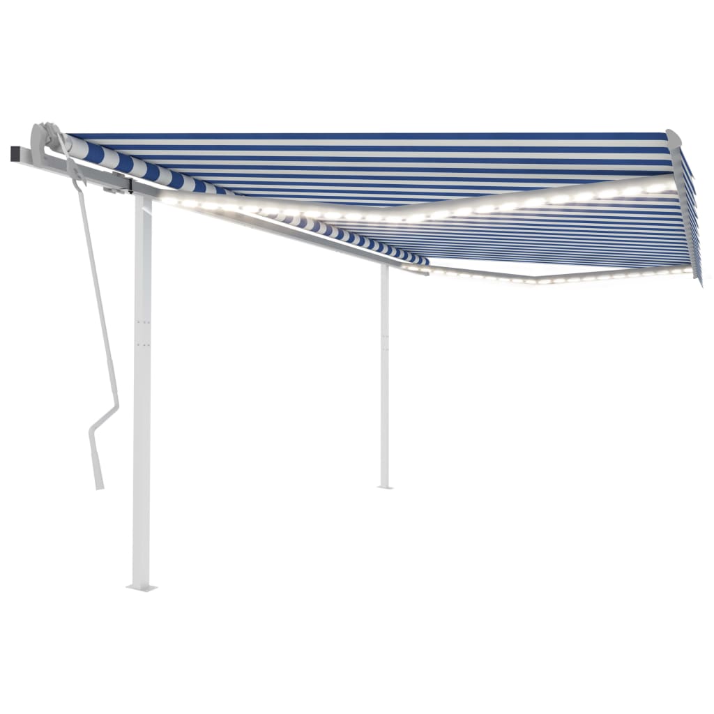 vidaXL Copertină retractabilă manual cu LED, albastru și alb, 4x3,5 m