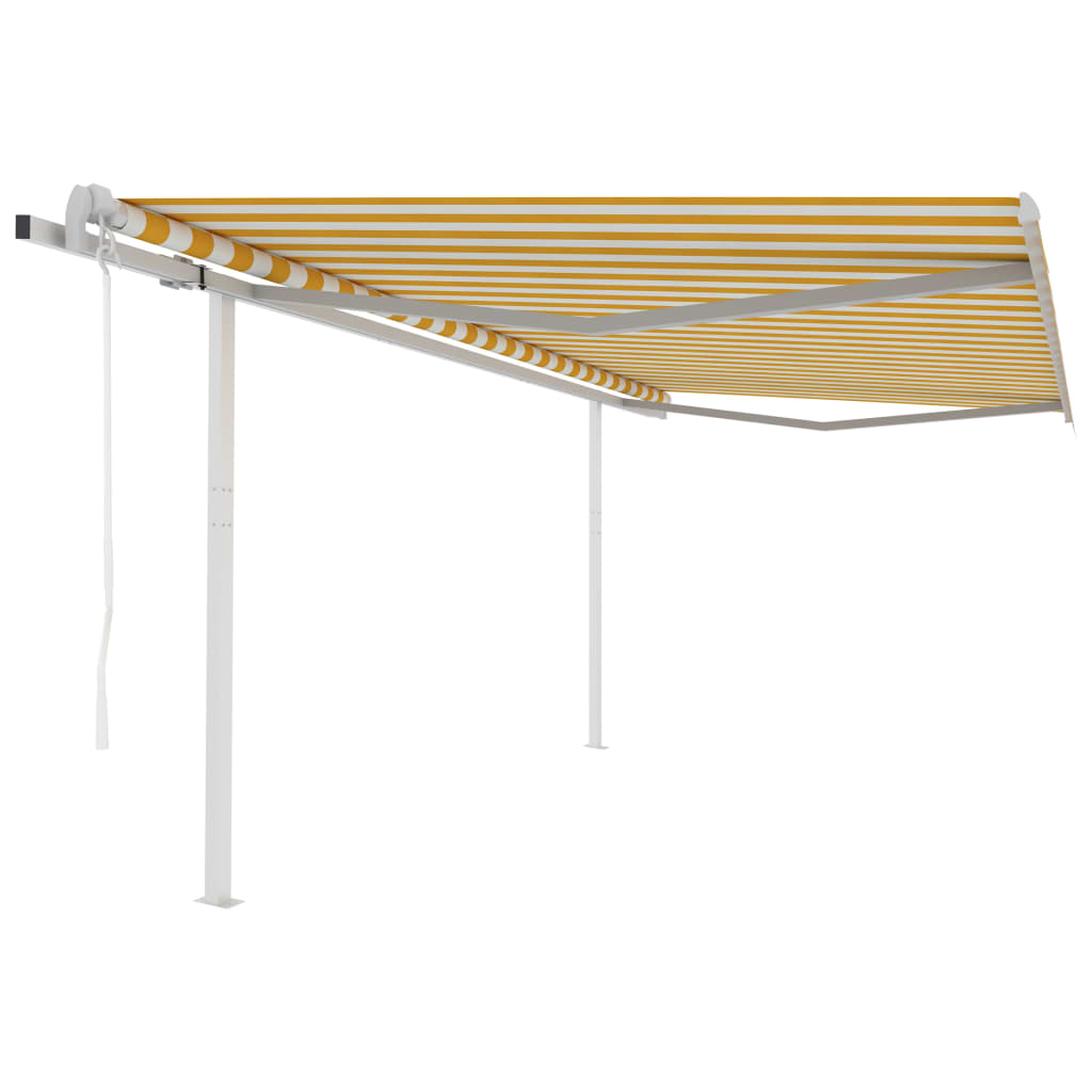 vidaXL Copertină retractabilă automat, cu stâlpi, galben&alb, 4x3,5 m