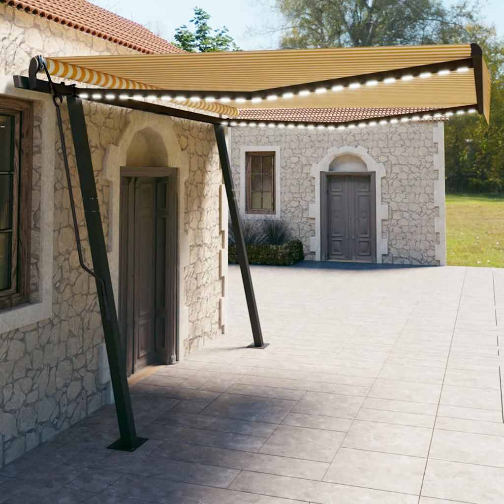 vidaXL Copertină retractabilă manual, cu LED, galben și alb, 4x3 m