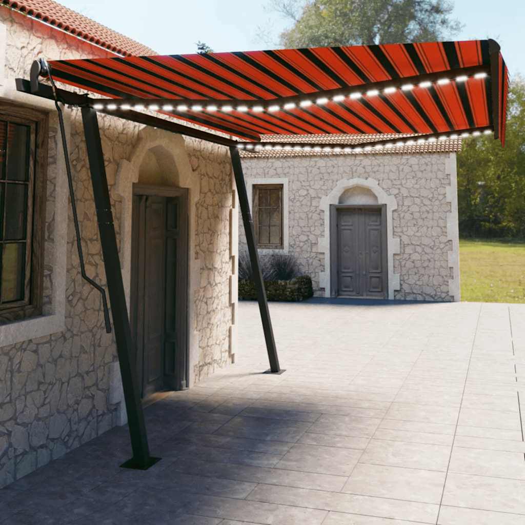 vidaXL Copertină retractabilă manual, cu LED, portocaliu/maro 4,5x3 m