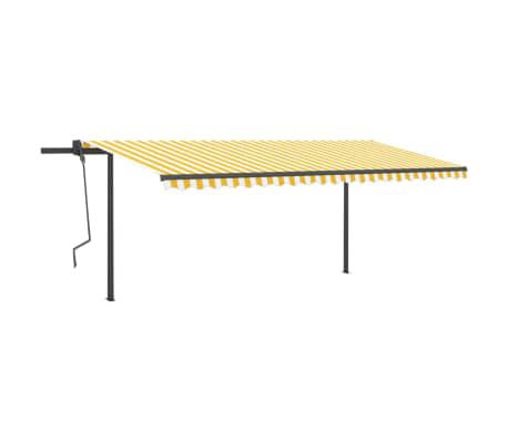 vidaXL Copertină retractabilă manual, cu st&acirc;lpi, galben & alb, 5x3 m
