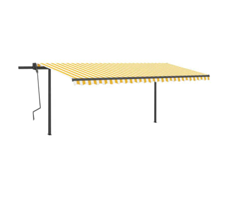vidaXL Copertină retractabilă automat, cu st&acirc;lpi, galben & alb, 5x3 m