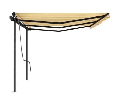 vidaXL Copertină retractabilă manual cu st&acirc;lpi, galben și alb, 6x3 m