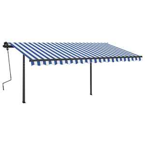 vidaXL Copertină retractabilă manual, st&acirc;lpi, albastru/alb, 4,5x3,5 m