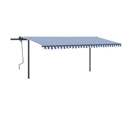 vidaXL Copertină retractabilă manual cu st&acirc;lpi, albastru & alb 5x3,5 m