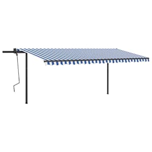 vidaXL Copertină retractabilă manual cu st&acirc;lpi, albastru & alb 5x3,5 m