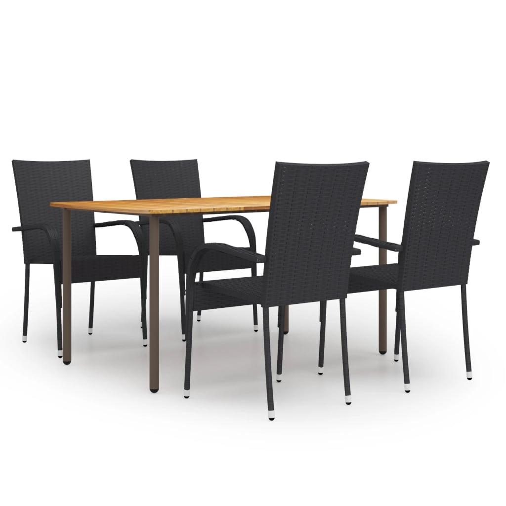 Zestaw jadalniany ogrodowy - Stół + 4 krzesła, drewno akacjowe, stal, czarne rattan PE
