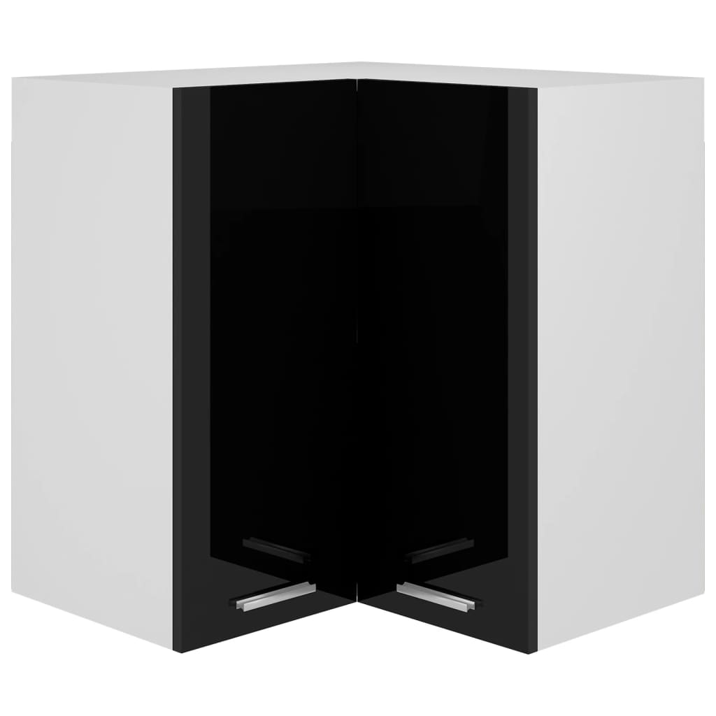 Magasfényű fekete forgácslap függő sarokszekrény 57x57x60 cm 