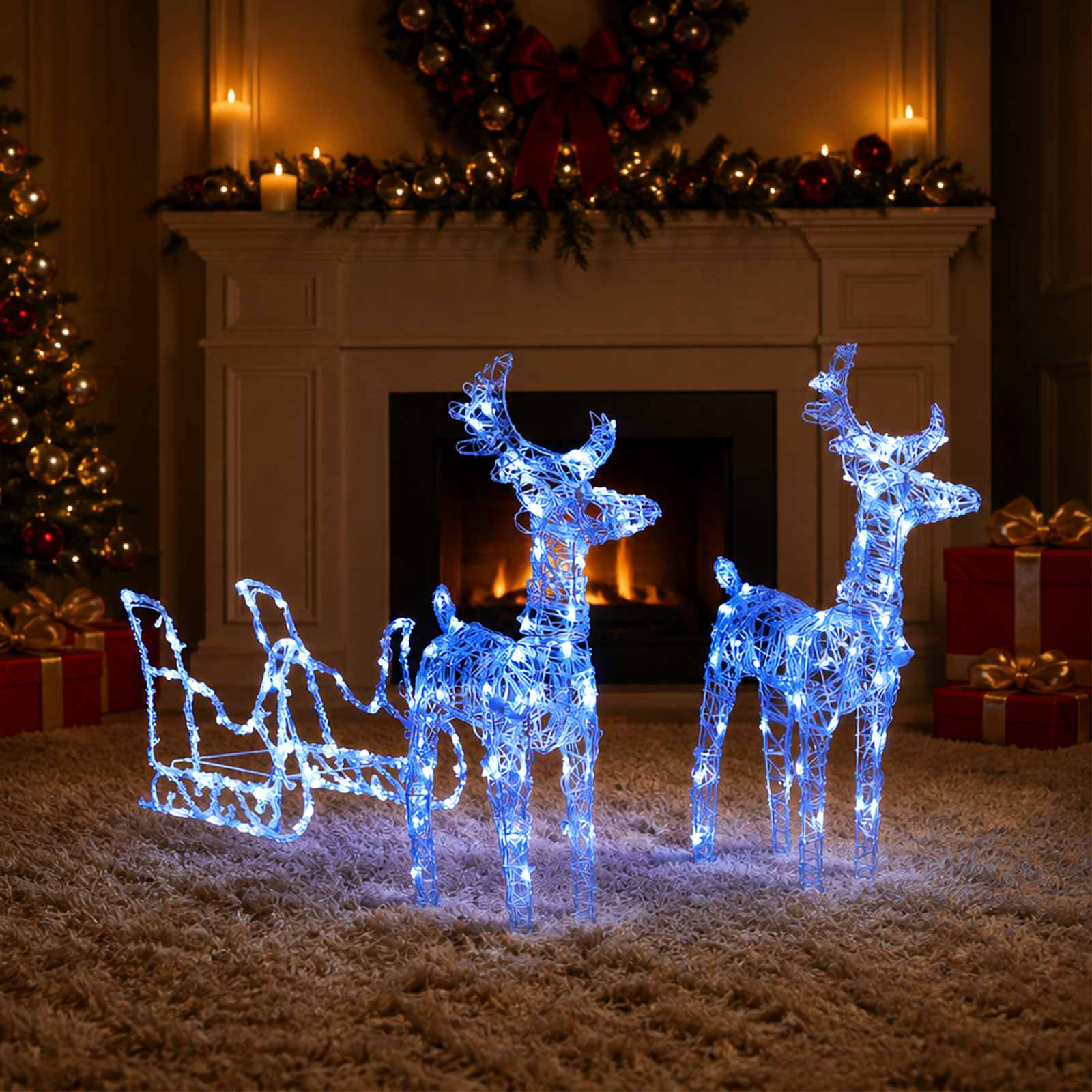 Rensdyr Og Kane Julefigur 160 LED'er Akryl - Blå / 43 x 11 x 55 cm (2 stk.)