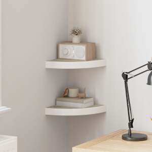 Kotne stenske police 2 kosa hrast in bele 25x25x3,8 cm MDF