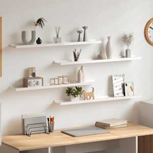 Stenske police 4 kosi visok sijaj bele 80x9x3 cm