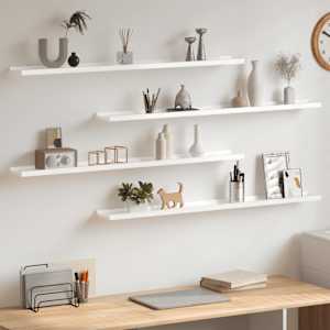 Stenske police 4 kosi visok sijaj bele 100x9x3 cm