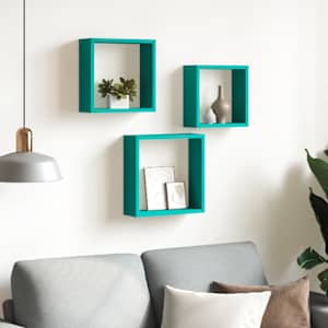 vidaXL Sieninės lentynos, 3vnt., mėlynos spalvos, kubo formos