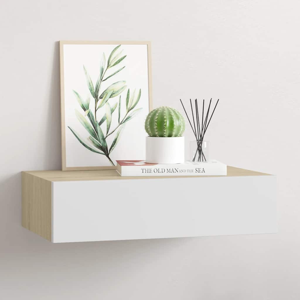 vidaXL Seinälle kiinnitettävä laatikkohylly tammi ja valkoinen 40x23,5x10 cm MDF