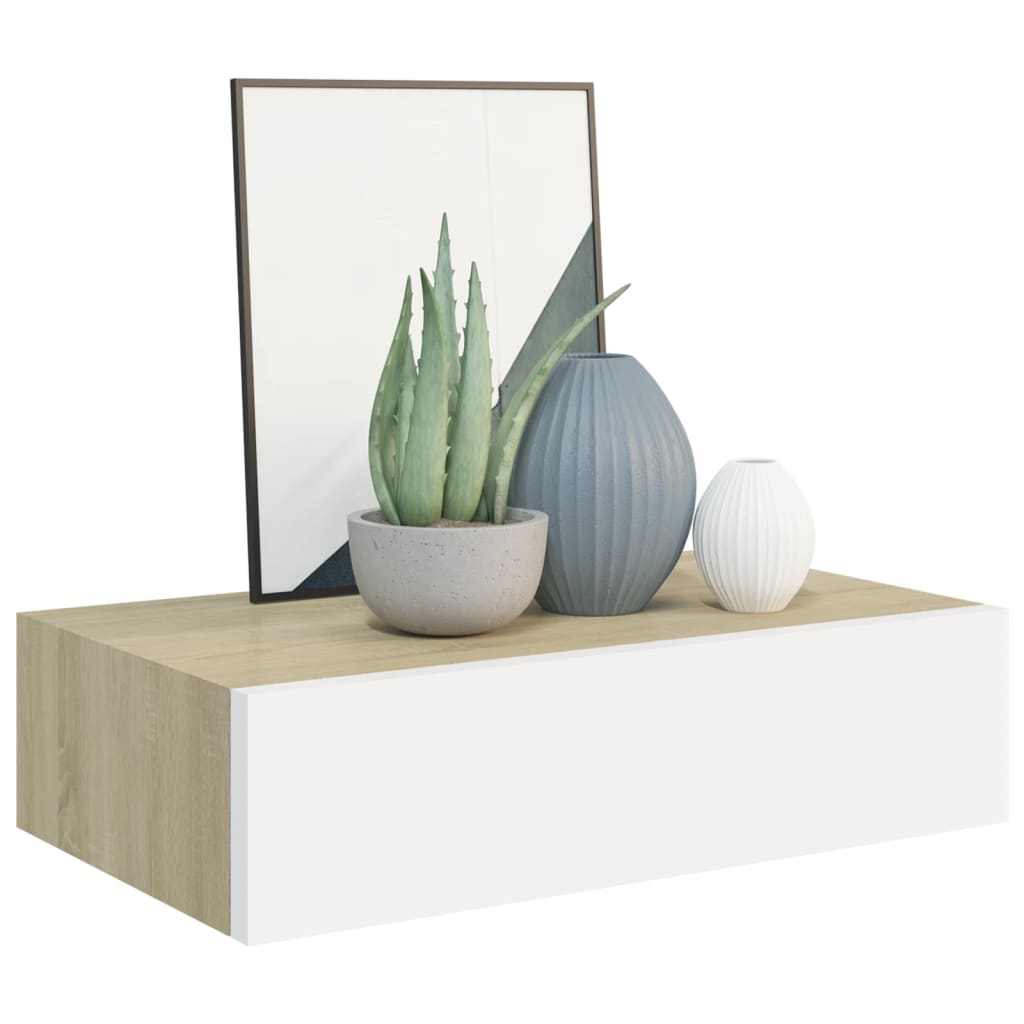 vidaXL Wandschappen 2 st met lade 40x23,5x10 cm MDF eikenkleur en wit afbeelding