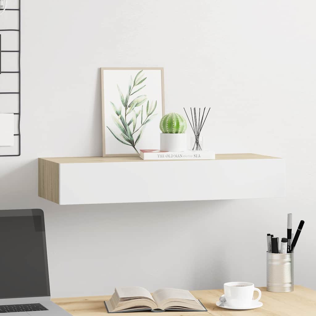vidaXL tölgyszínű és fehér MDF fiókos fali polc 60 x 23,5 x 10 cm