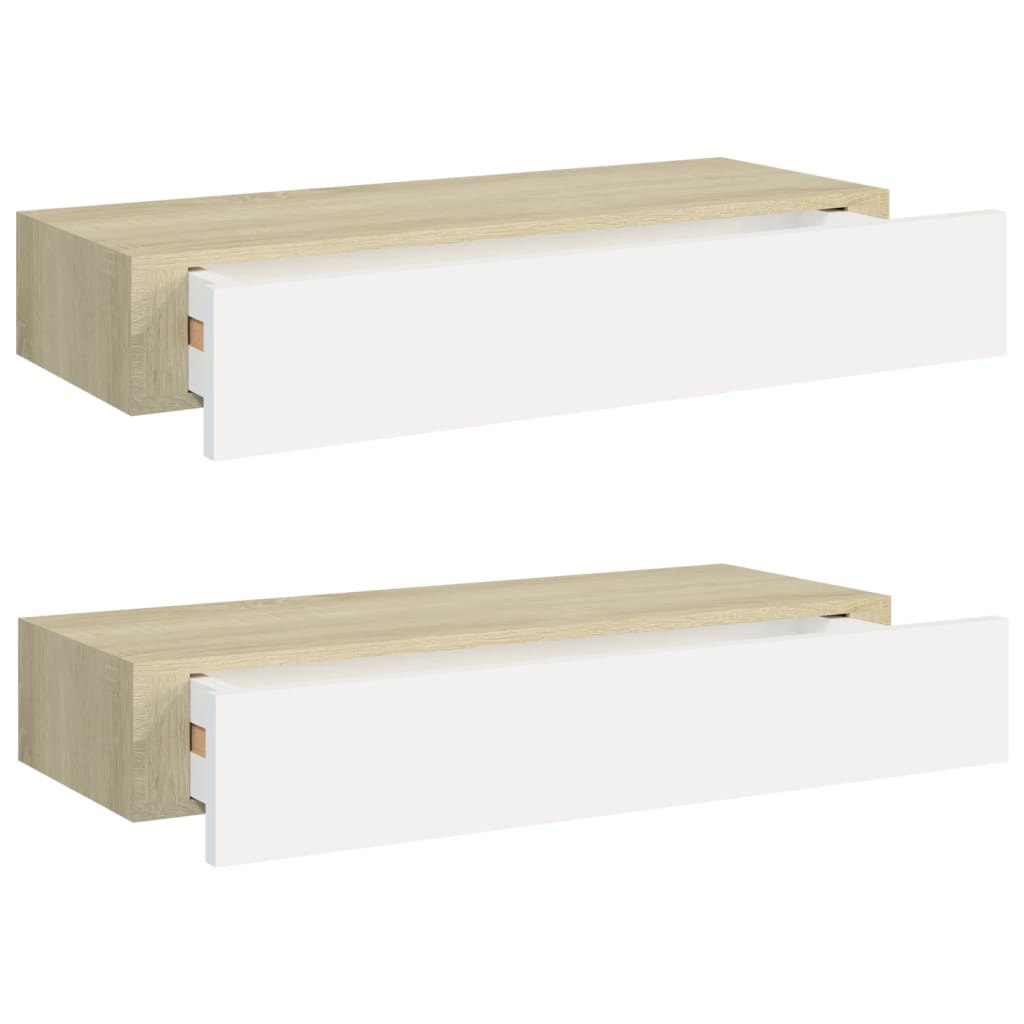 vidaXL Stenska polica s predalom 2 kosa hrast in bela 60x23,5x10cm MDF