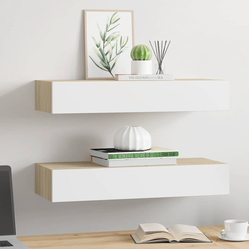 vidaXL Wandschappen 2 st met lade 60x23,5x10 cm MDF eikenkleurig wit afbeelding