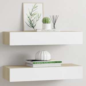 Stenske police s predali 2 kosa hrast in bela 60x23,5x10 cm MDF