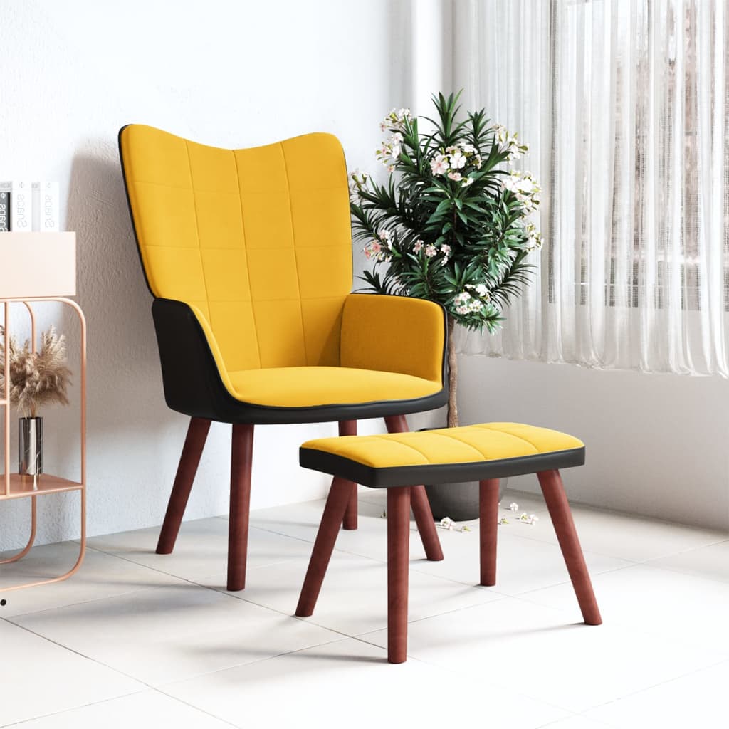 Relaxační křeslo se stoličkou hořčicově žluté samet a PVC
