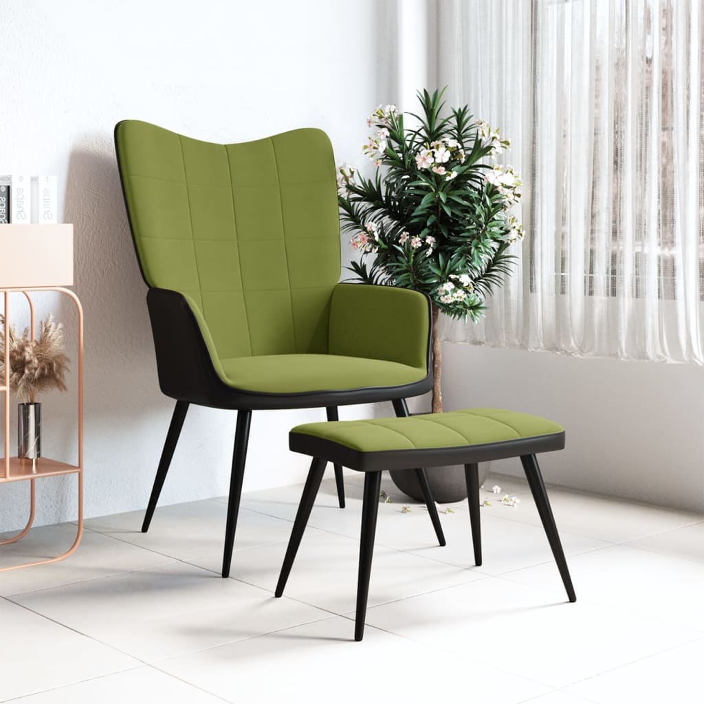 Relaxační křeslo se stoličkou světle zelené samet a PVC