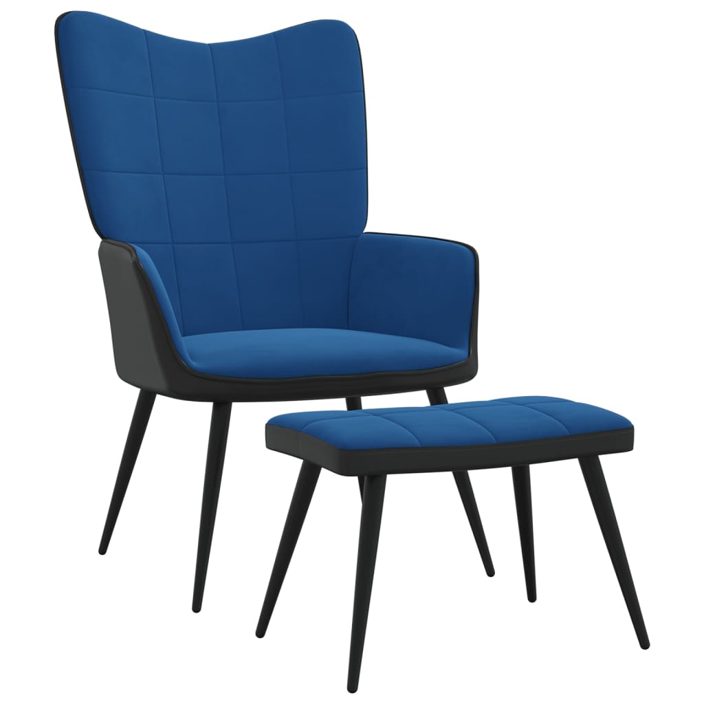 Relaxační křeslo se stoličkou modré samet a PVC