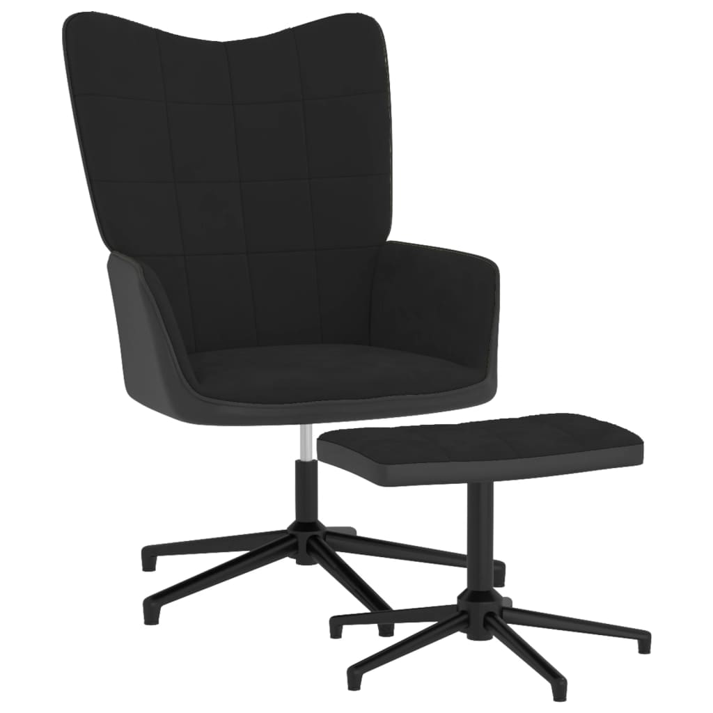Relaxační křeslo se stoličkou černé samet a PVC