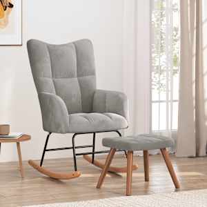 Houpací křeslo se stoličkou světle šedé samet - obrázek 1