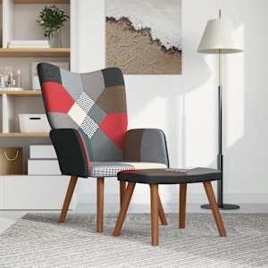 Relaxační křeslo se stoličkou patchwork textil - obrázek 2