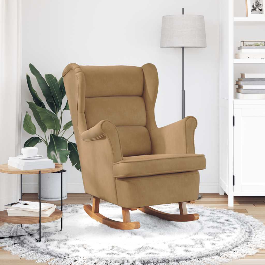 Thumbnail - vidaXL Schaukelstuhl Ohrensessel Braun Samt und Massivholz