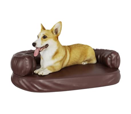 vidaXL Ergonomska pasja postelja iz pene rjava 75x53 cm um. usnje