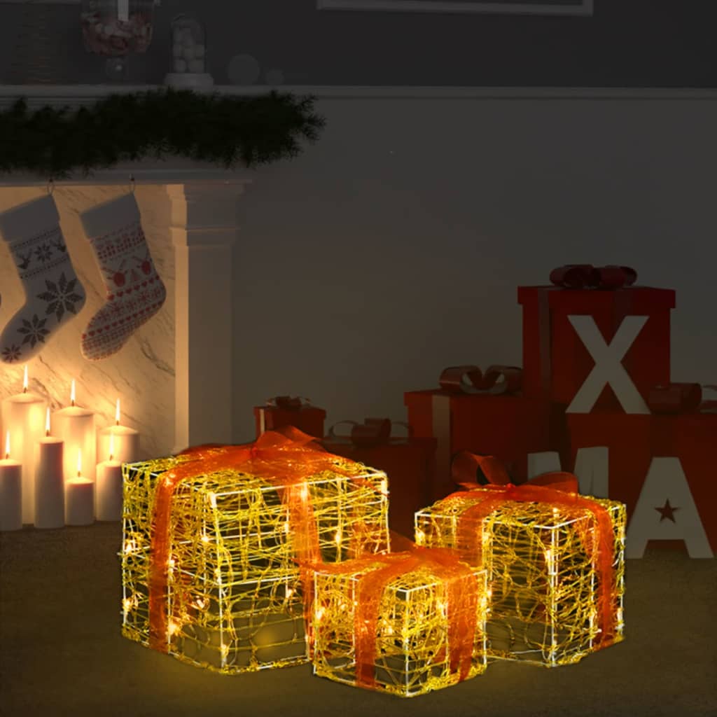 vidaXL Cutii cadou de Crăciun decorative, 3 buc., alb cald, acril