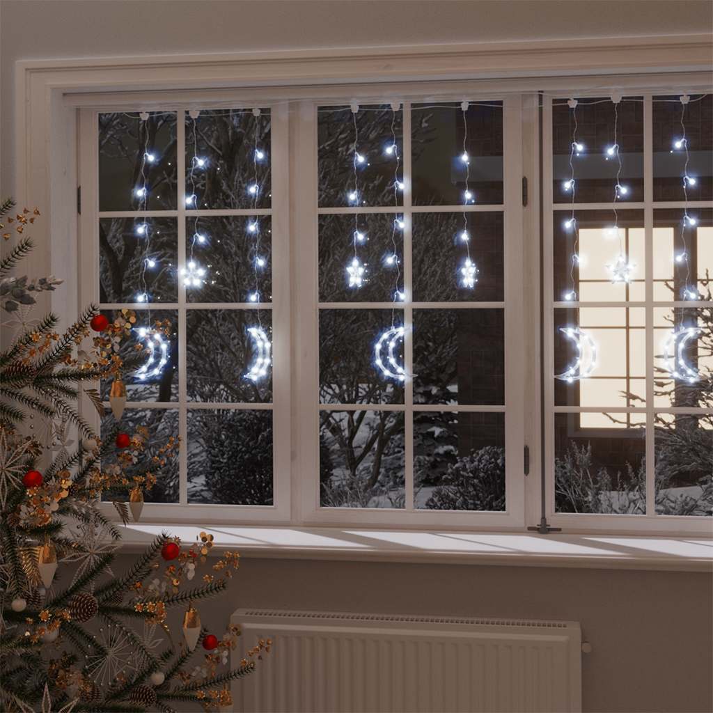 Lysgardin med stjerner og måner - 138 LED kold hvid, fjernbetjening, 2 × 0,9 m