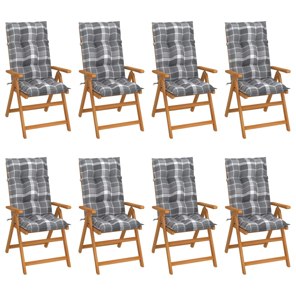 Chaises inclinables de jardin avec coussins 8 pcs Teck solide