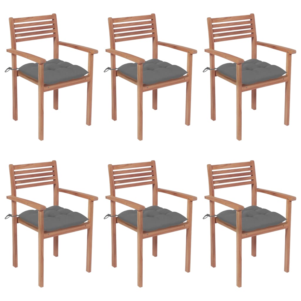 6 db rakásolható tömör tíkfa kerti szék párnákkal 