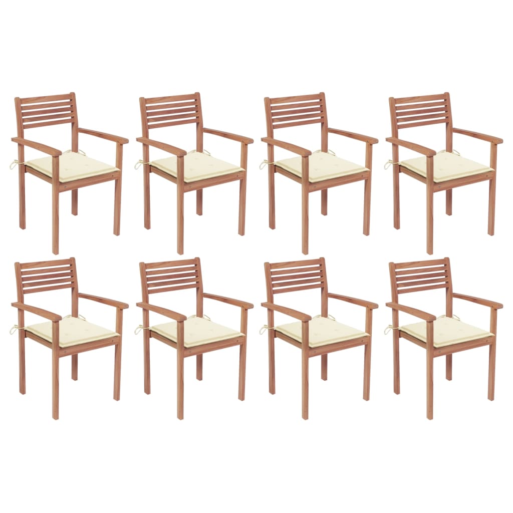 8 db rakásolható tömör tíkfa kerti szék párnákkal 