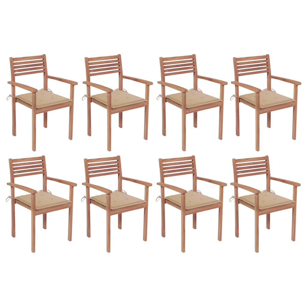 VidaXL Chaises De Jardin Empilables Avec Coussins Lot De 8 Teck Solide