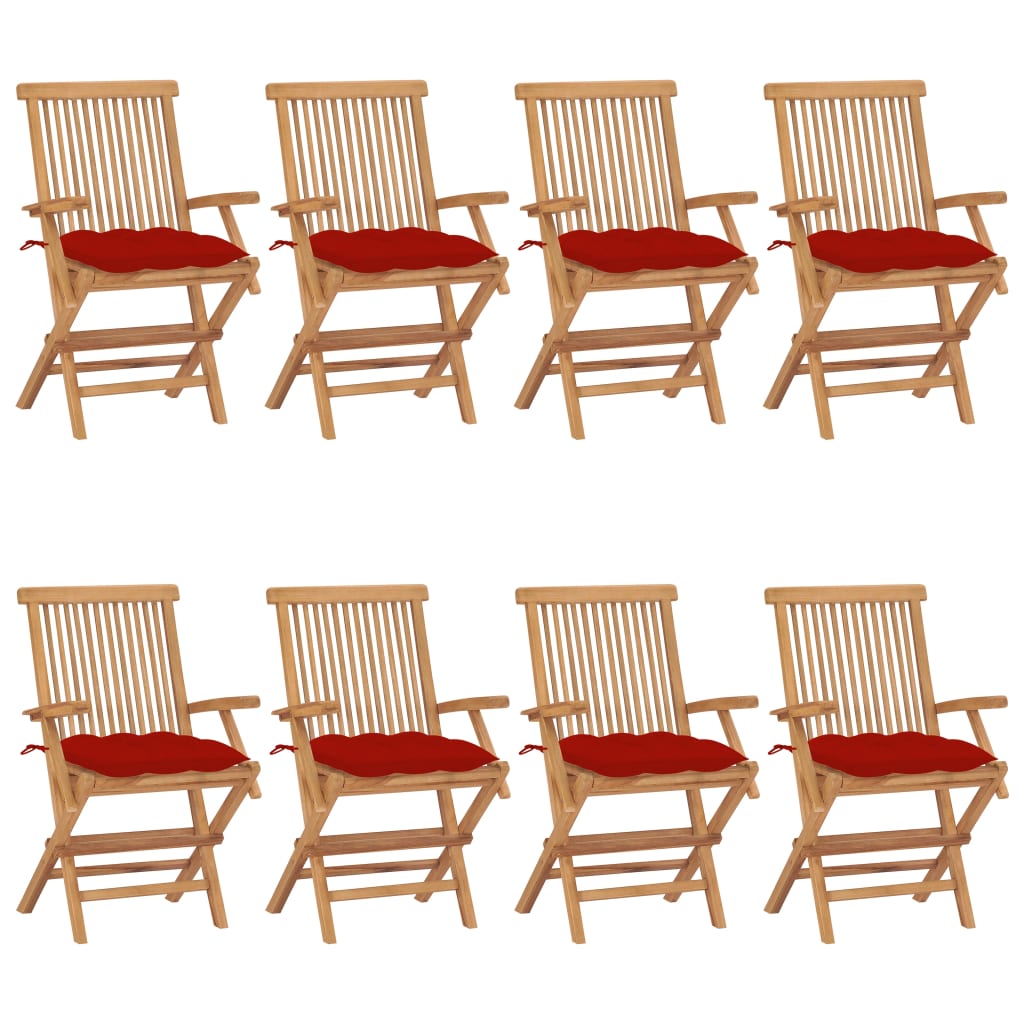 vidaXL Chaises de jardin avec coussins rouge 8 pcs Bois de teck massif