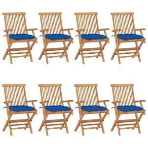 Vrtni stoli z modrimi blazinami 8 kosov trdna tikovina